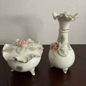 Elegant Floral Ceramic Vase and Dish Set
